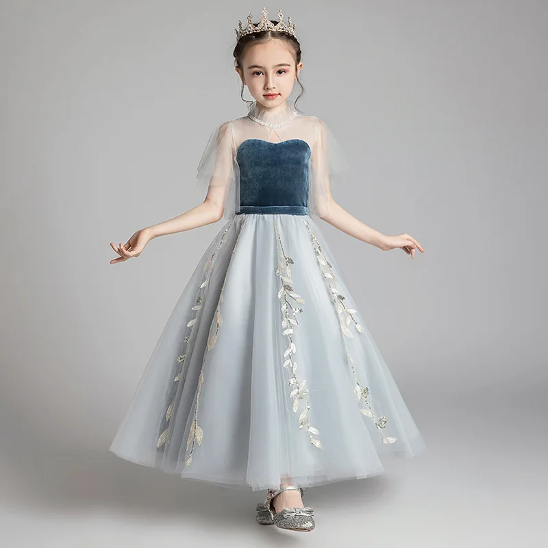 Little Girl Piano Perforance Dress Child Formal Party Princess Long Prom Dresses School Graduation Teen Girl Velvet Evening Gown