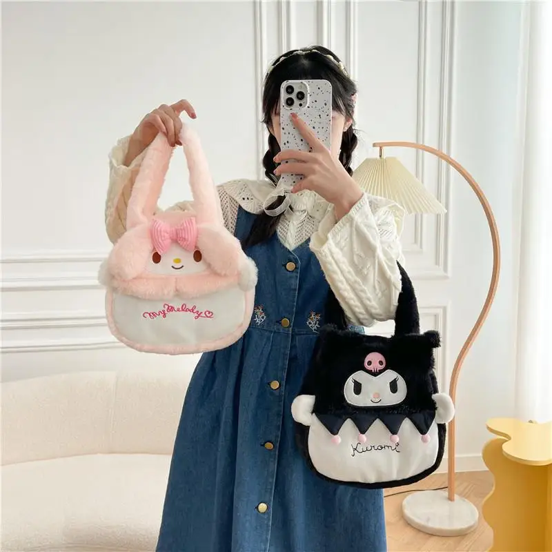 Portable Cartoon Sanrios Cute Handbag Velvet Kuromi My Melody Doll Bag Anime Figure Child Coin Purse Student Kawaii Girl Bag