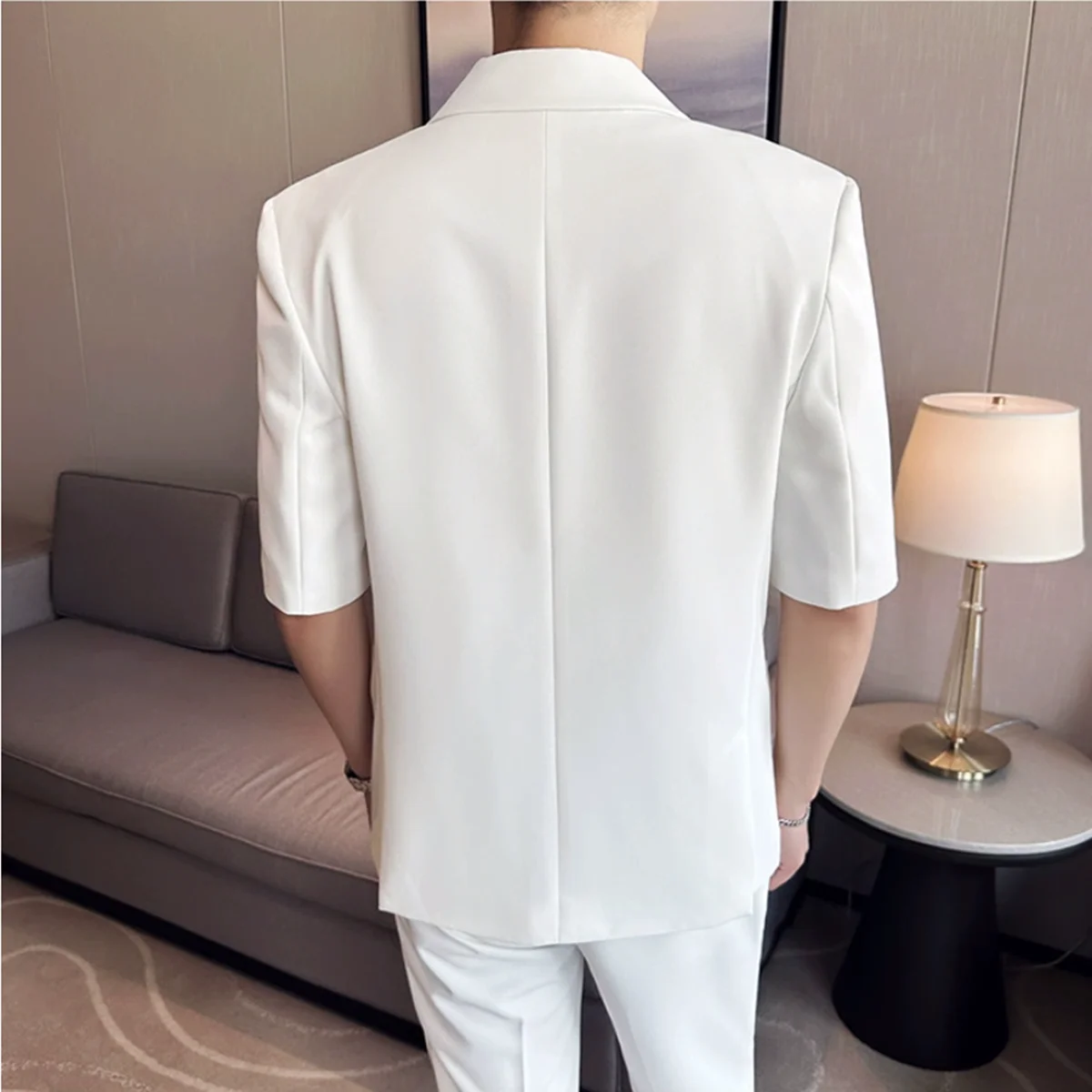 2023 Summer Fashion Half Sleeve Suit Men Side Buckle Design Casual Simple Solid Color Loose Suits Homme (Jacket + Pants+Belt)