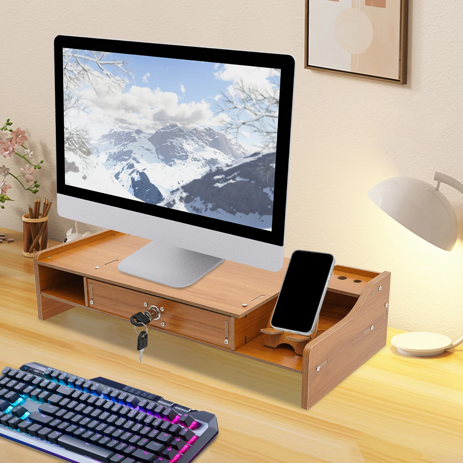 Rak Riser Monitor Kayu dengan Laci Pengatur Meja Berdiri PC Laptop Komputer