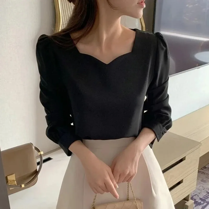 Elegant Square Collar Blouse for Women, Casual Loose Tops, Puff Sleeve, Simple Shirts, Spring and Autumn Fashion, 2024 New 8276