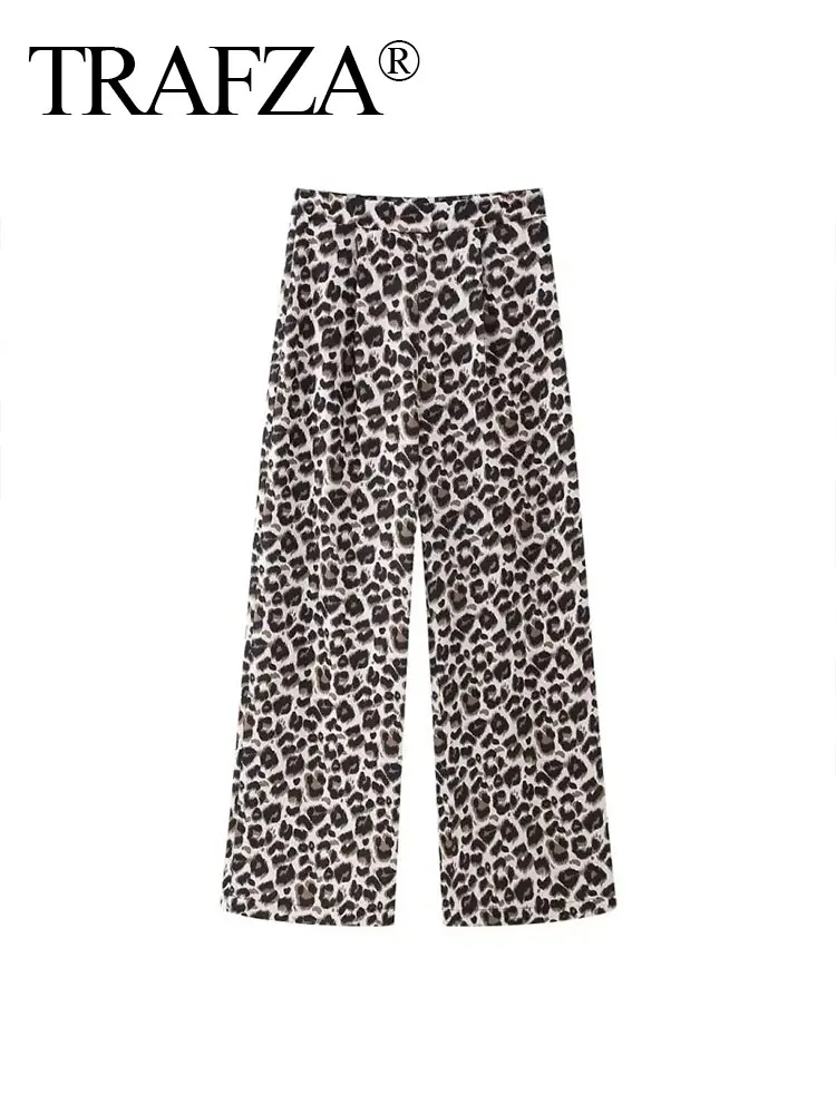 TRAFZA 2024 Retro Leopard Print Straight Trousers 2024 Women\'s Summer Fashion High Waist Pleated Wide Leg Street Chic Pants