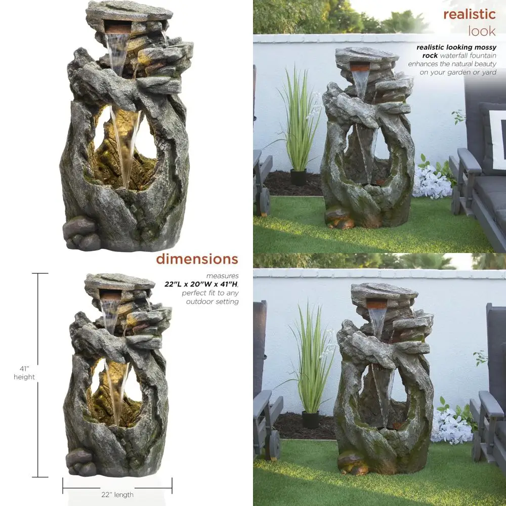 

Outdoor Cascading Rainforest Rock Waterfall Floor Fountain with LED Light, 41" High, Brown for Garden, Patio, Yard