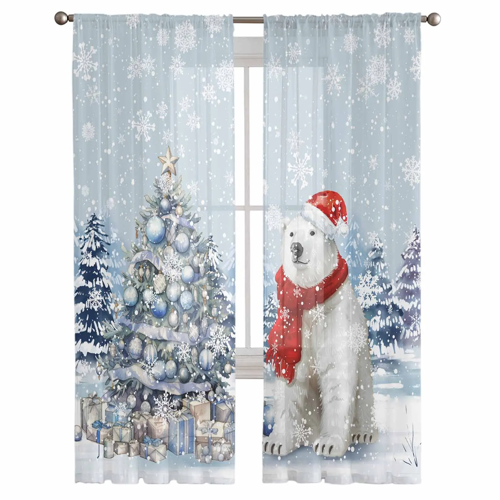 Christmas Snowflakes Retro Koala Tulle Curtains for Living Room Bedroom Sheer Voile Drapes Modern Printed Design Sheer Curtains