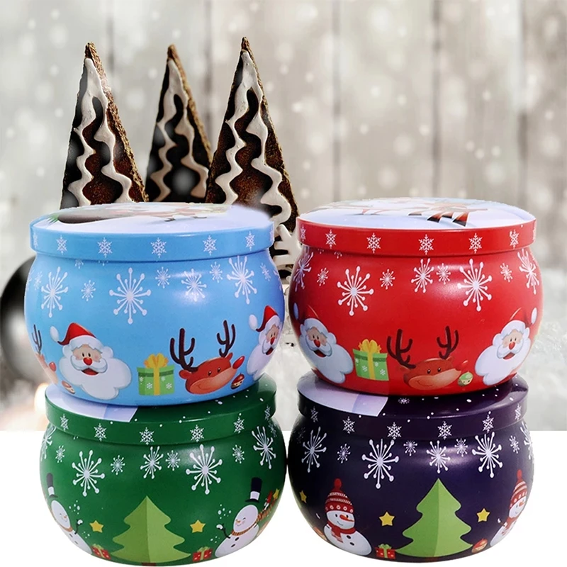 2.2Oz Mini Christmas Tinplate Round Candy Tin Can Candy Box For Gift Christmas Scented Tin Jars Round Candle Container Supplies