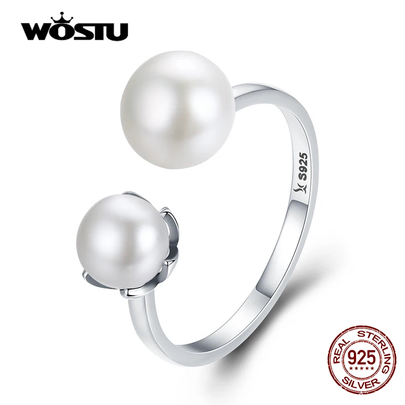 WOSTU 925 Sterling Silver & Freshwater Pearl Cultured Elegance Finger Rings For Women S925 Silver Jewelry Luxury Gift CQR192