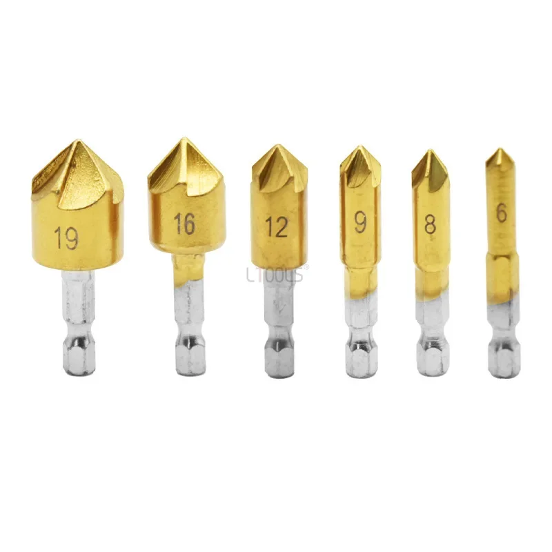 6pcs 6/8/9/12/16/19mm Hss Countersink Boring Drill Bit Set for Wood Metal Quick Change Drill Bit Tool Hex Chamfer Drill Tool Set