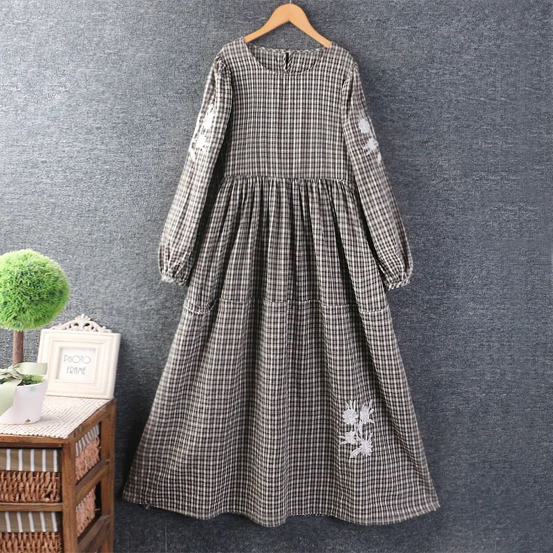 Vestido de lino y algodón bordado a cuadros para mujer, vestidos largos sueltos informales, manga larga, cuello redondo, chica Mori japonesa, Vintage, Otoño, nuevo