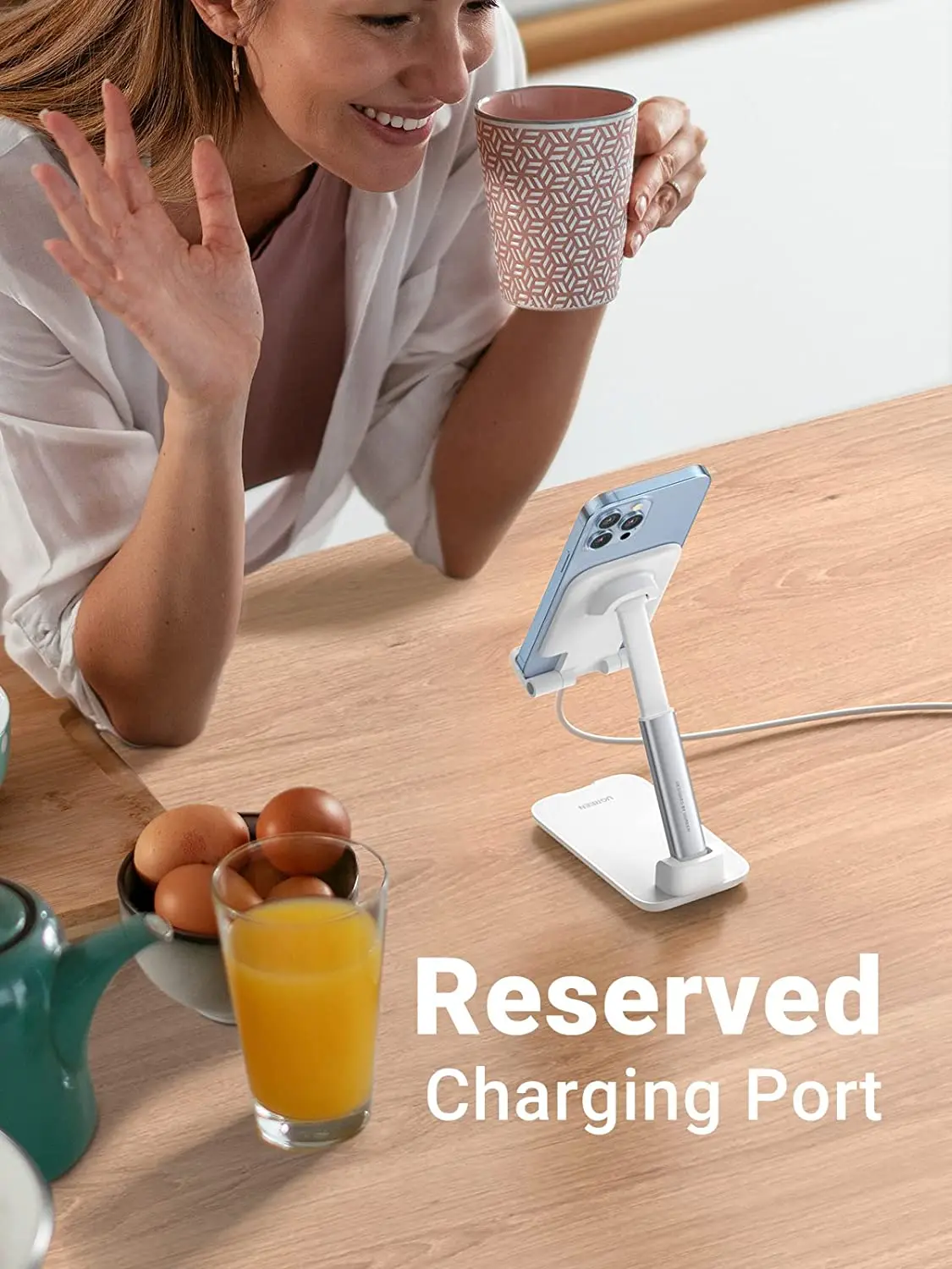 UGREEN Soporte para teléfono blanco Totalmente plegable y portátil Material ABS Mini soporte de escritorio Altura ajustable