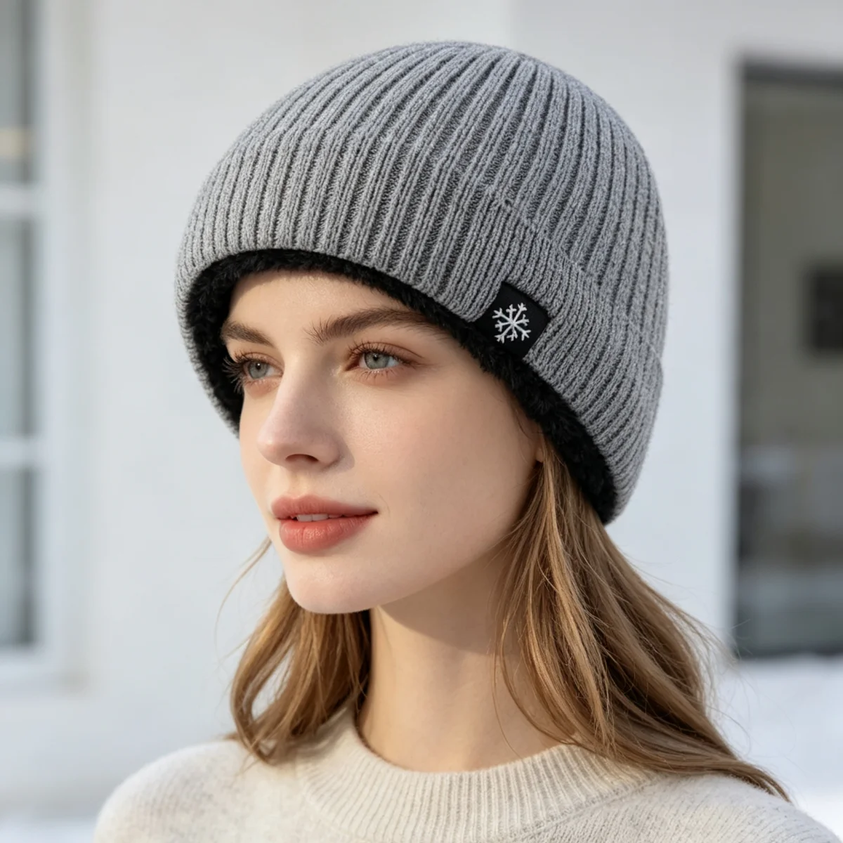 Winter Fleece Lined Knit Beanie Hat for Men Women Snowflake Label Ribbed Warm Thermal Skull Cap Outdoor Cold Weather Ski Hat