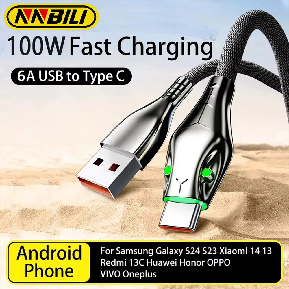 Cabo de Dados NNBILI 100W 6A Tipo-C para Carregamento Rápido Black Mamba para Samsung Huawei Oneplus Xiaomi, Cabo USB-C com Trança de Nylon