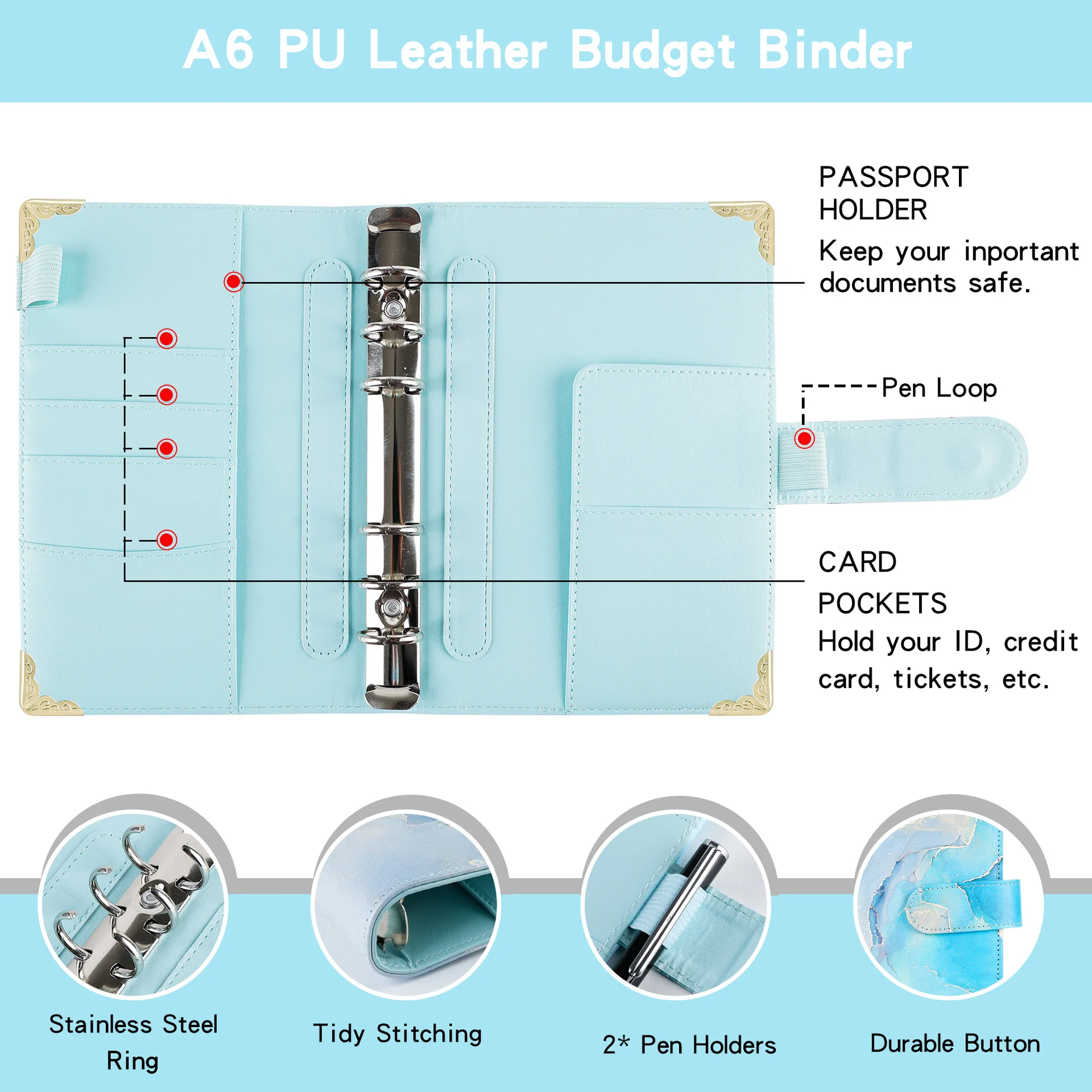 Raccoglitore per Notebook in pelle PU A6 copertina per raccoglitore Budget a 6 anelli ricaricabile per carta di riempimento A6, pianificatore