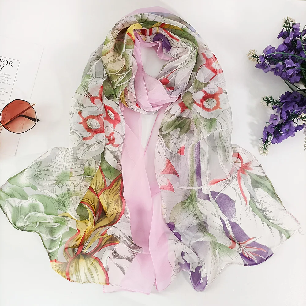 Summer Women Foulard Elegant Chiffon Georgette Gradient Flower Bandana Scarf Beach Sunscreen Thin Breathable