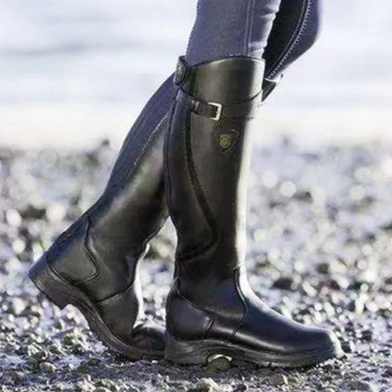 

Women's Pu Leather Pleated Buckle Boots Flat Zipper Boots Retro Black Western Cowboy Boots Flat Round Toe Cosplay Knight Boots