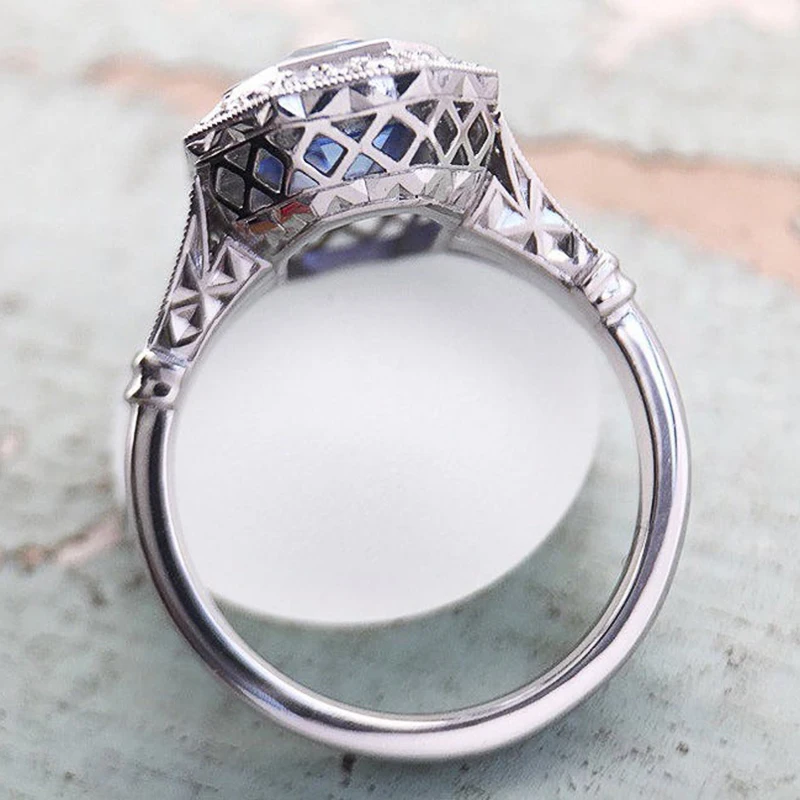 Huitan Unique Geometric Blue Cubic Zirconia Rings for Women Engagement Wedding Trend Eternity Accessories Newly Designed Jewelry