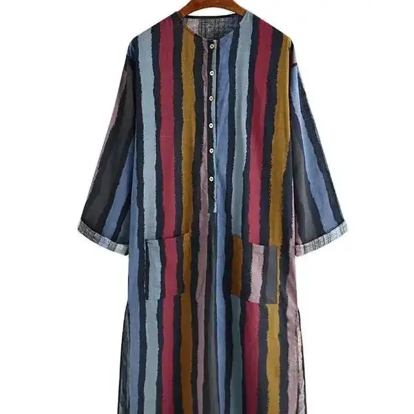 

Spring and summer new Middle Eastern clothing, long-sleeved one-piece Arab men's striped printed Muslim men's robe