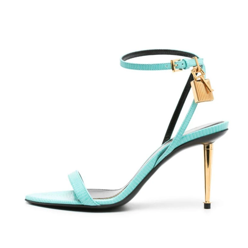 

Buckle Strap Solid Color Key Lock Decoration Women Sandals Fashion Show Pointed Toe Ladies Shoes Golden Stiletto Sandals Women