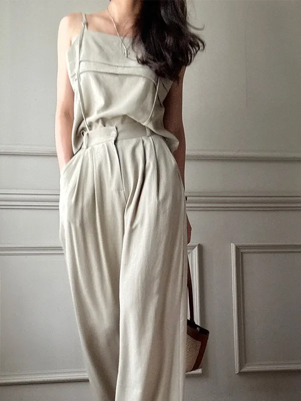 

Faionable Women's Set Summer 2025 Trendy Wide Leg Pants Loose Versatile Strap Top High-End Feeling Outfit for Ladies