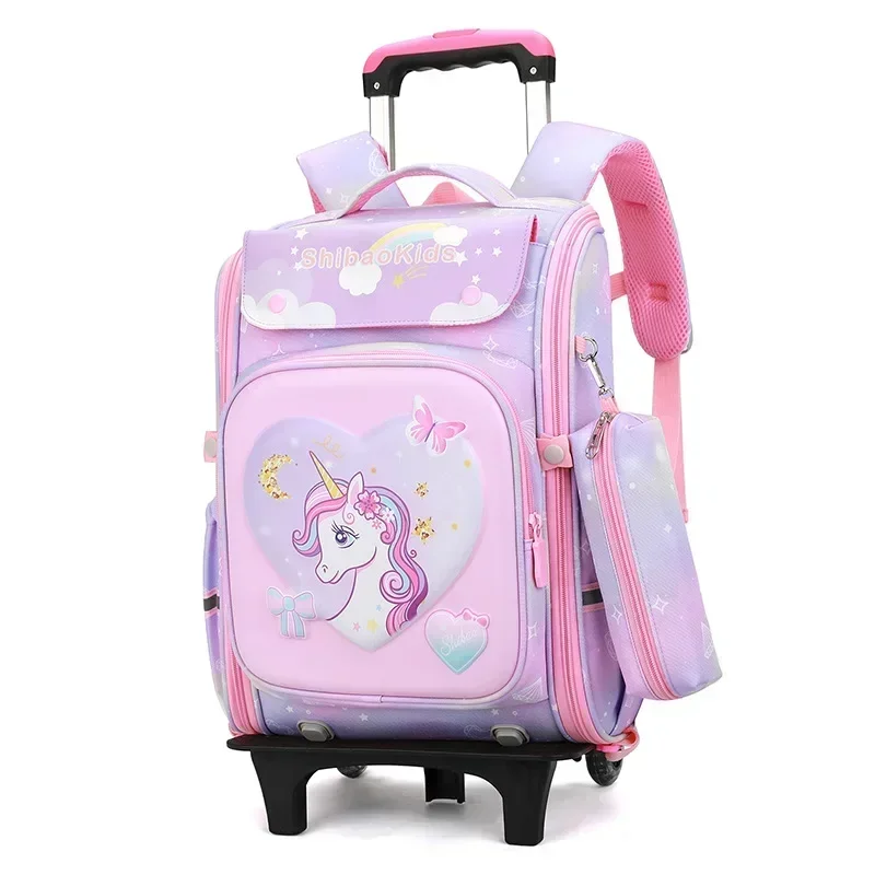 Children\'s Trolley Backpack 6 Wheels Waterproof Spine Protection Schoolbag Students Large Capacity Backpack Girls Boys Book Bags