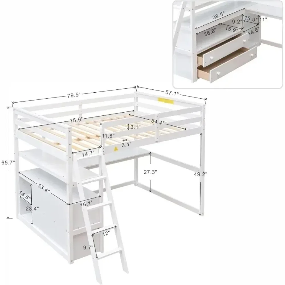 Full Size Loft Bed with Desk and Shelves, Wooden Loft Bed Full with Storage Drawers ,No Box Spring Needed (Full, White)