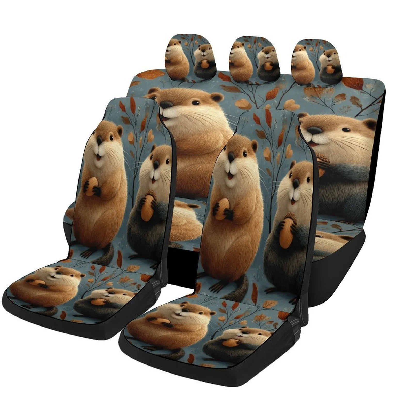 Beavers With Nuts Designed Car Seat Cover Set For Most Cars, High-quality Comfortable Car Seat Protector Covers Full Set, Car S