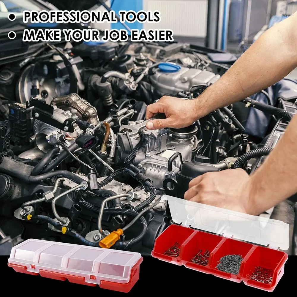 Scatola portaoggetti per parti da 1 pezzo Scatola portaoggetti per viti in plastica con contenitore per parti di attrezzi a 4 scomparti con custodia per display con coperchio
