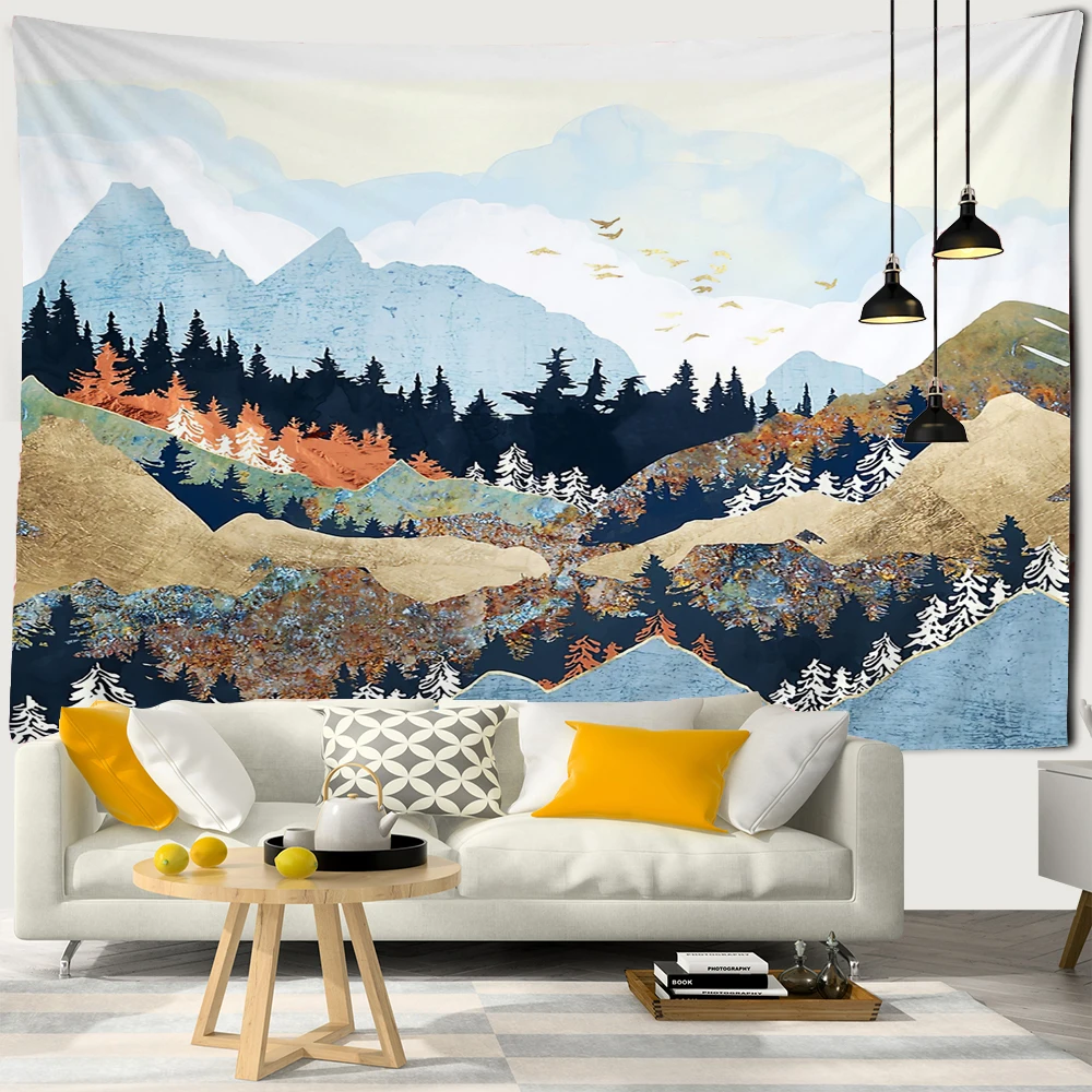 Geometric Peak And Forest Tapestry Wall Hanging Boho Aesthetic Room Landscape Painting Wall Cloth Bedroom Living Room Decor