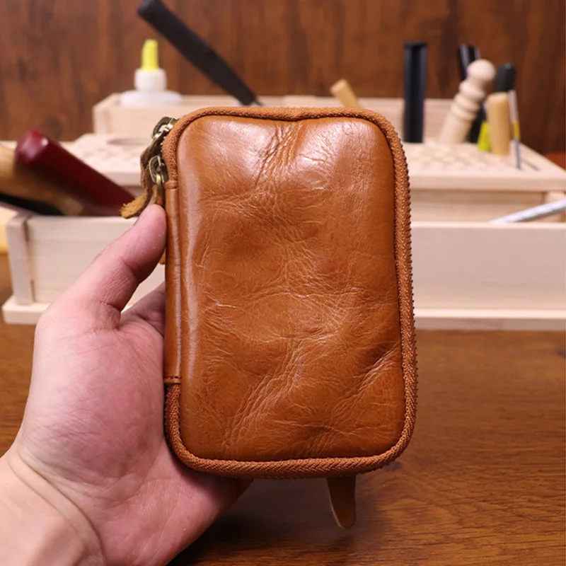 Schlüsseltasche aus echtem Rindsleder, einfarbig, quadratisch, für Karten, Schlüssel, Organizer, Schlüsselanhänger, Retro-Geldbörse, Vintage-Schlüsseletui mit Reißverschluss