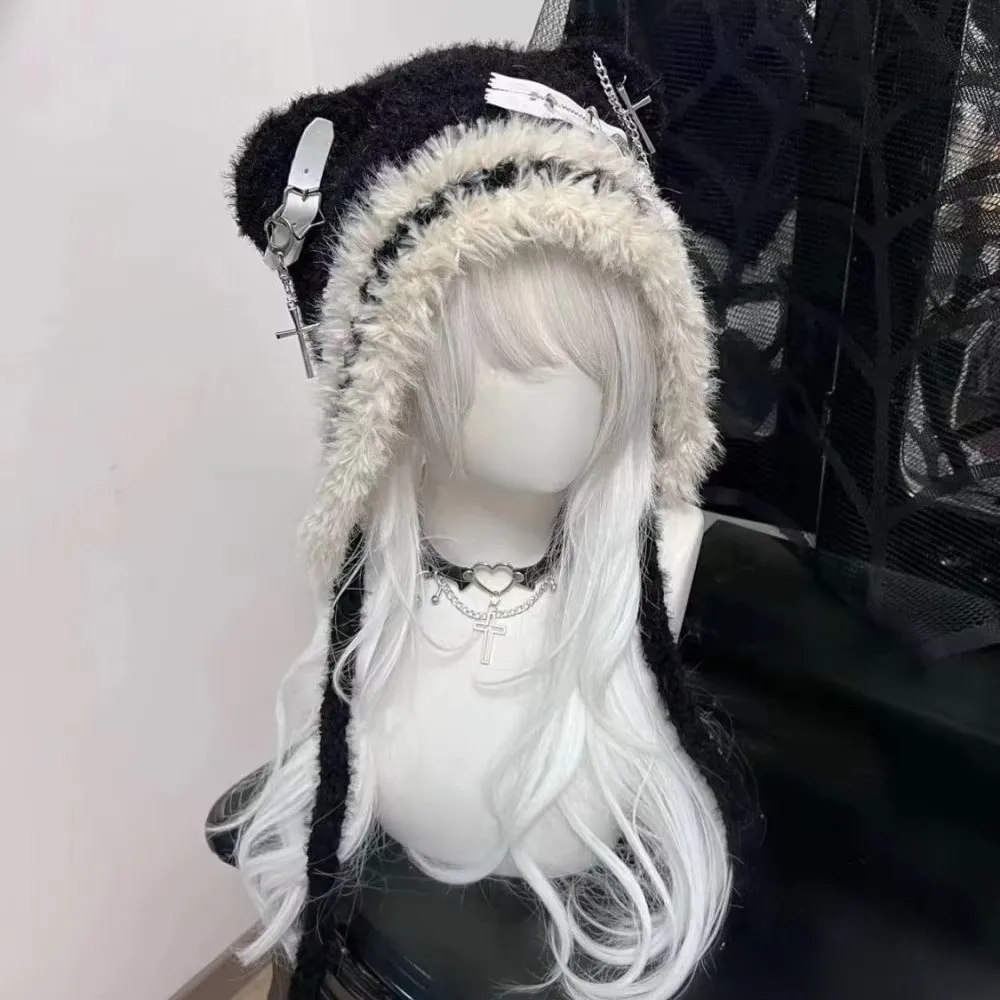 Spicy Girls Fluffy Gothic Harajuku Hat Knitted Little Bone Cross Star Punk Lolita Hat Y2K Style Beanie Hat