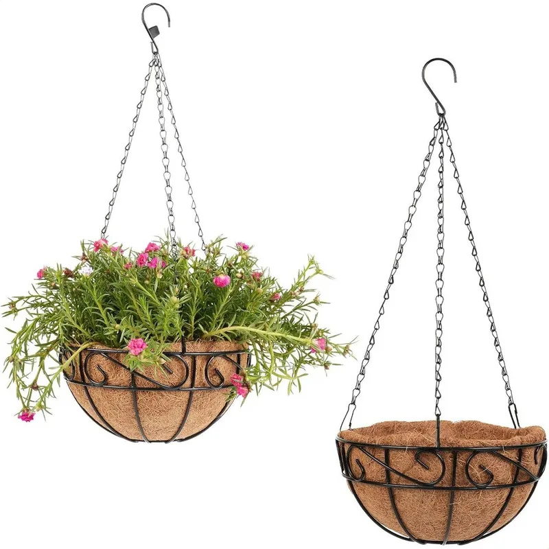 1 Hanging Flower Basket Plus 1 Straw Mat Wall Planter For Balcony Garden Outdoor Plant Home Decor