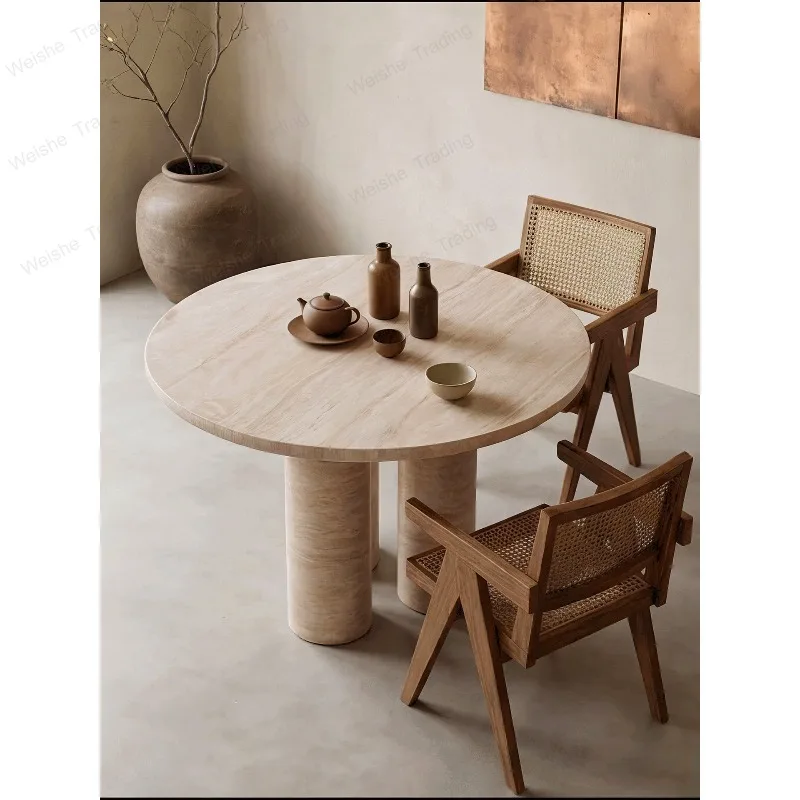 

Medieval wabi-sabi wind travertine round dining table, small apartment light luxury high-end minimalist