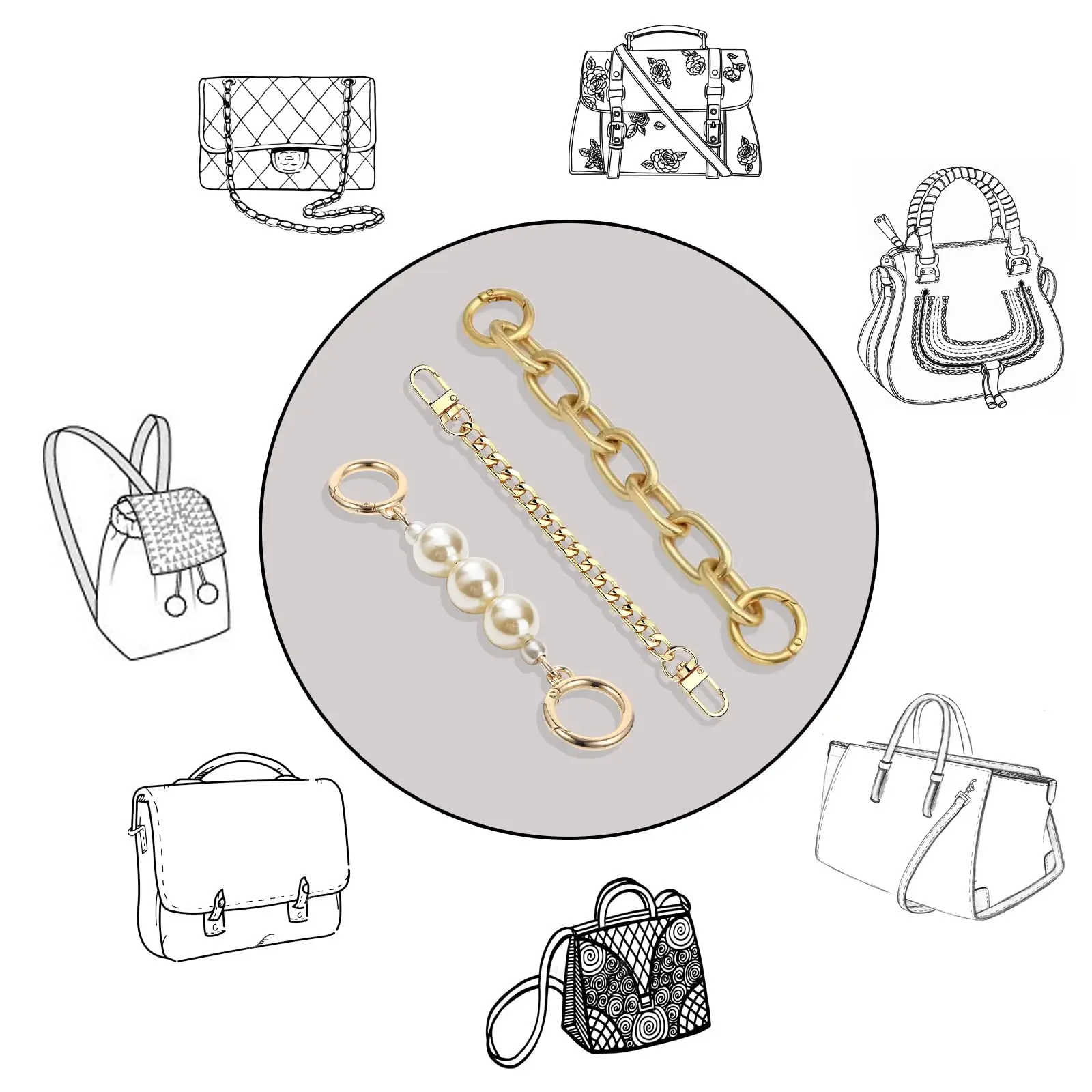 

HOLIN Women Purse 3Pcs Different Style Chain Extender Bag DIY Gold Metal Exquisite Replacement Chain Strap