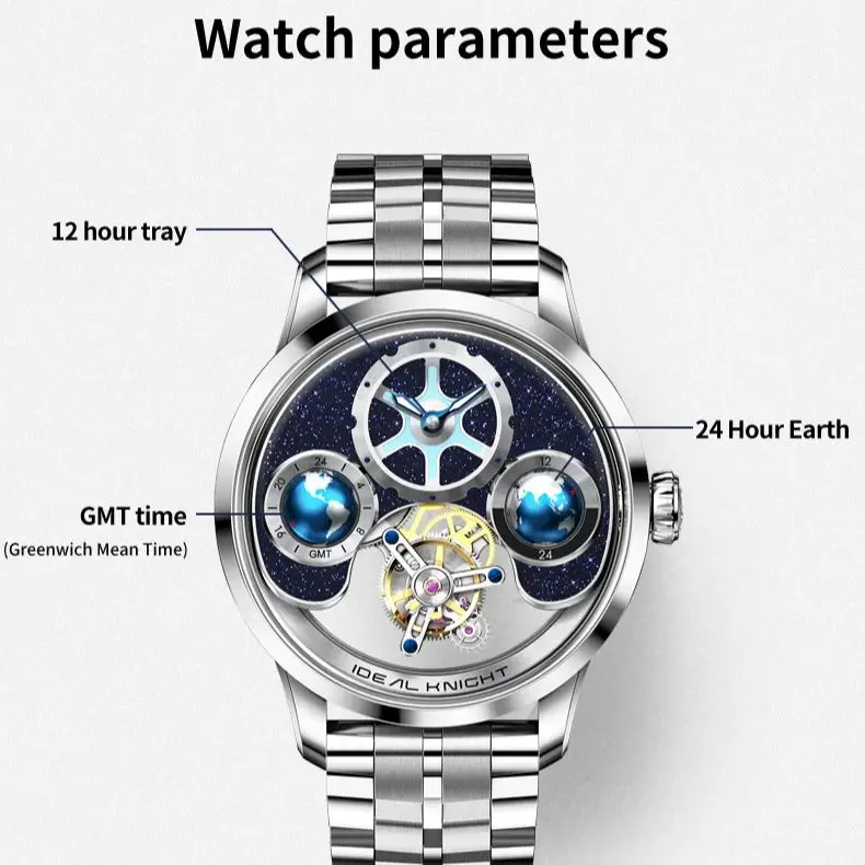 IDEAL KNIGHT 6805 Limited Edition Tourbillon Men Watch GMT Multi Time Zone Setting Men Automatic Mechanical Watch Hollow Watch