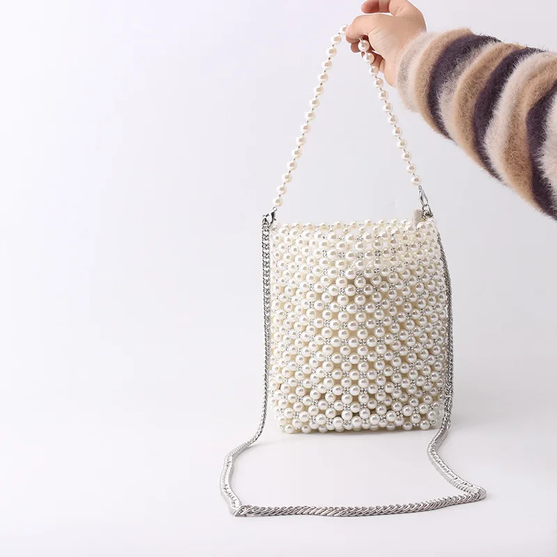 ZA New Pearl Beaded Bag White Beaded Fairy Portable Messenger Bags with Chain Female Purses and Handbags Cross Body Bag Woman