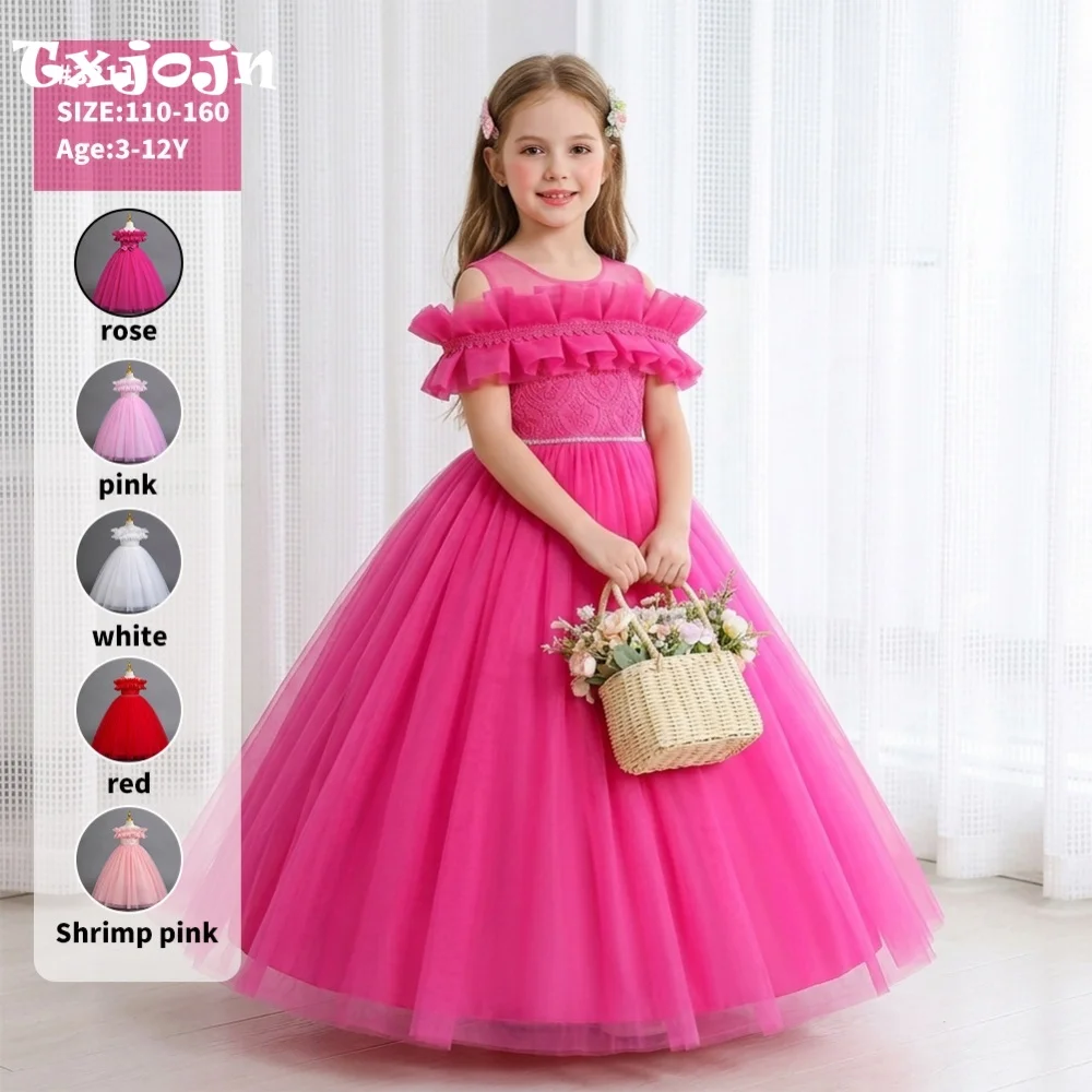 Girl's Dress 3-14 Year Old Girl's Bow Off Shoulder Princess Dress Long Mesh Dress Wedding Dress Flower Girl Performance Dress