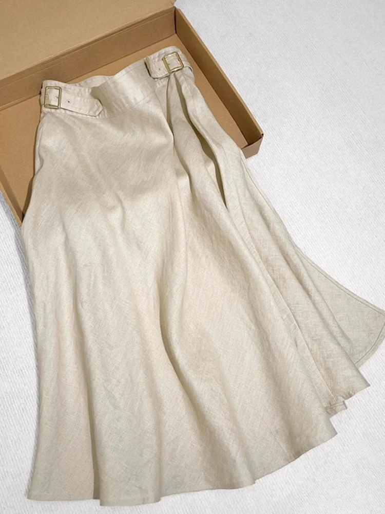 

Льняная юбка-миди трапециевидной формы в стиле ретро, женская модная драпированная хлопково-льняная юбка с высокой талией, летнее свободное платье с высокой талией