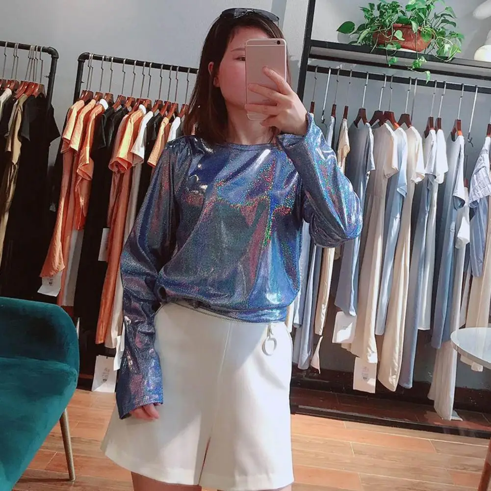 Women Sequin T-shirt Loose Fit Long Sleeve Sparkling Reflective T-shirt Shiny Embellished Pullover Tops Club Wear Lady Clothing