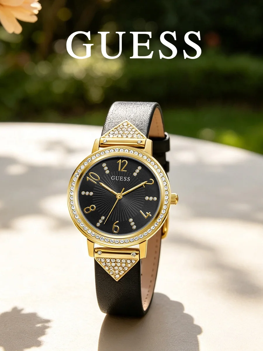 Guess Tri Luxe Gold Tone Crystal Bezel Black Leather Strap Analog Watch for Women GW0473L2