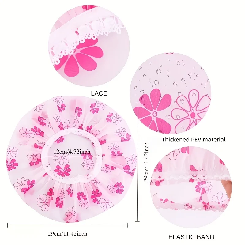 5er-Pack verstellbare elastische Duschhauben für Damen (zufällige Farben) – wiederverwendbare, hochwertige Haarhauben mit Blumen-, Herz- und Schneeflockenmuster – Detail 6
