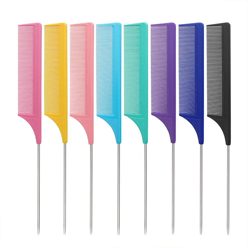 Colorful Fine-Tooth Comb Metal Pin Anti-Static Hair Style Rat Tail Comb Hair Salon Professional Combs Hair Dye Brush Comb