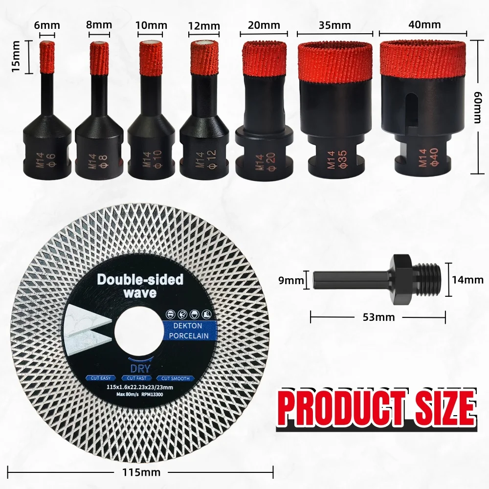 9Pcs Diamond Drill Bits Hole Saw Kit For Ceramic Tile Granite Marble Adapter M14 Thread Type Masonry Hole Opener Cutting Tool