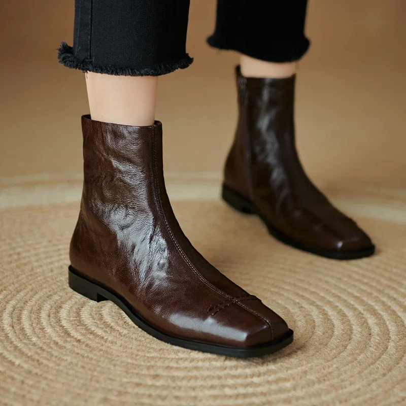 2026 new autumn winter women ankle boots natural leather plus size 22-25cm sheepskin side zip square toe short boots fashion