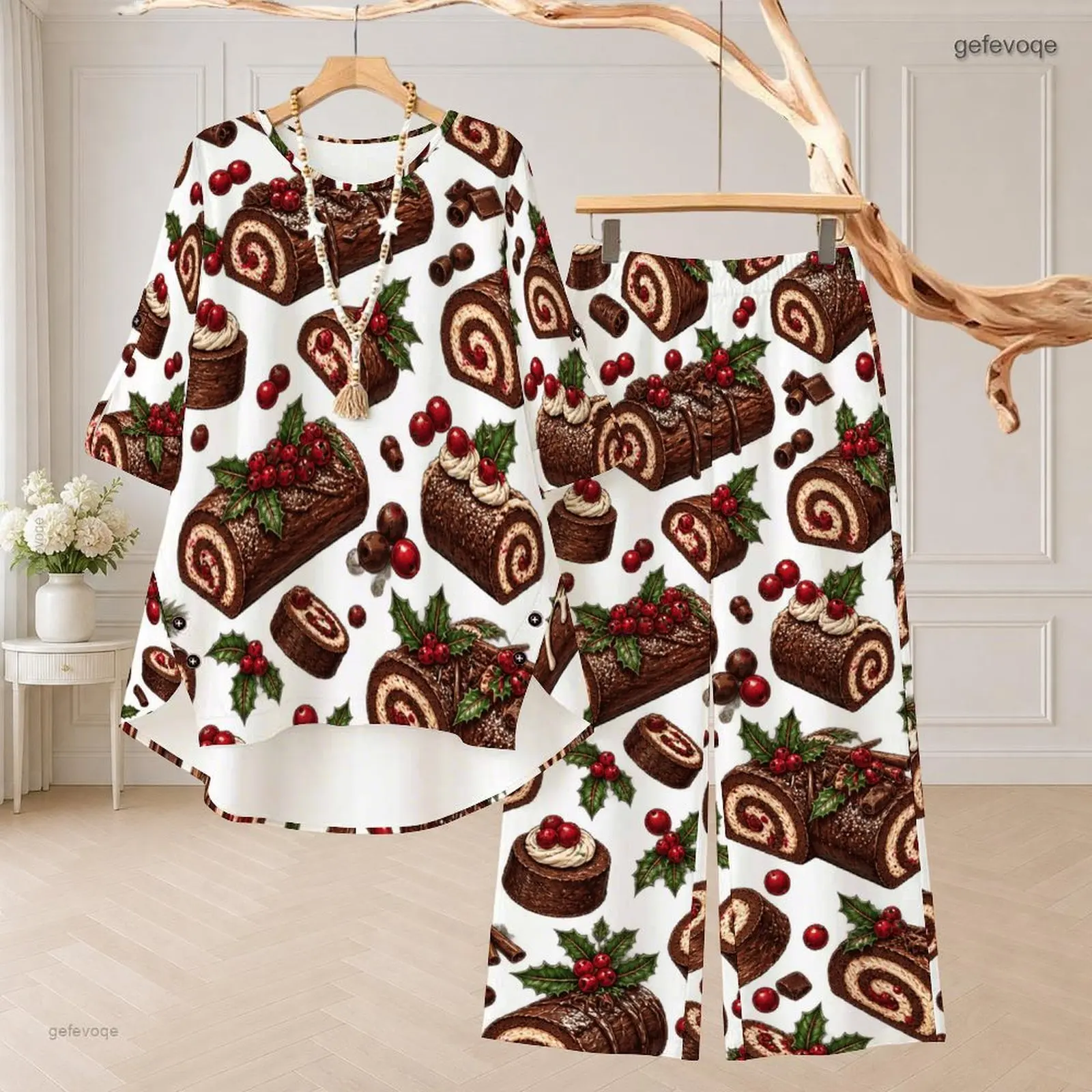 Women Printed Round Neck 3/4 Sleeve High Low Top and Long Pants Jellyfish Star Pattern Two Piece Set