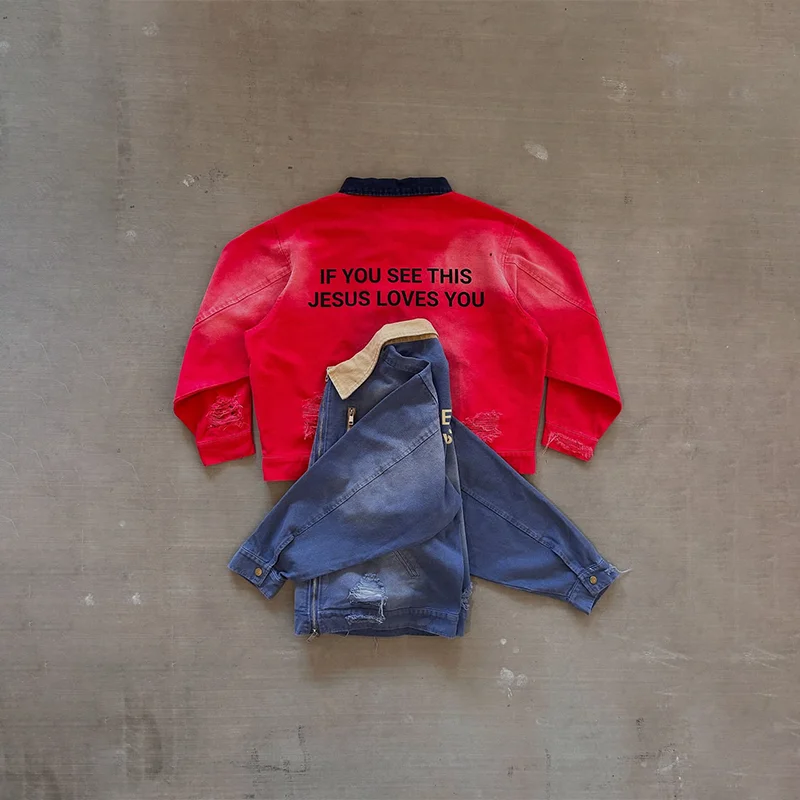 Y2K 빈티지 디스트레스드 재킷 레터 프린팅 그래픽 찢어진 디자인 대비 칼라 지퍼 재킷 남녀 패션 스트리트웨어