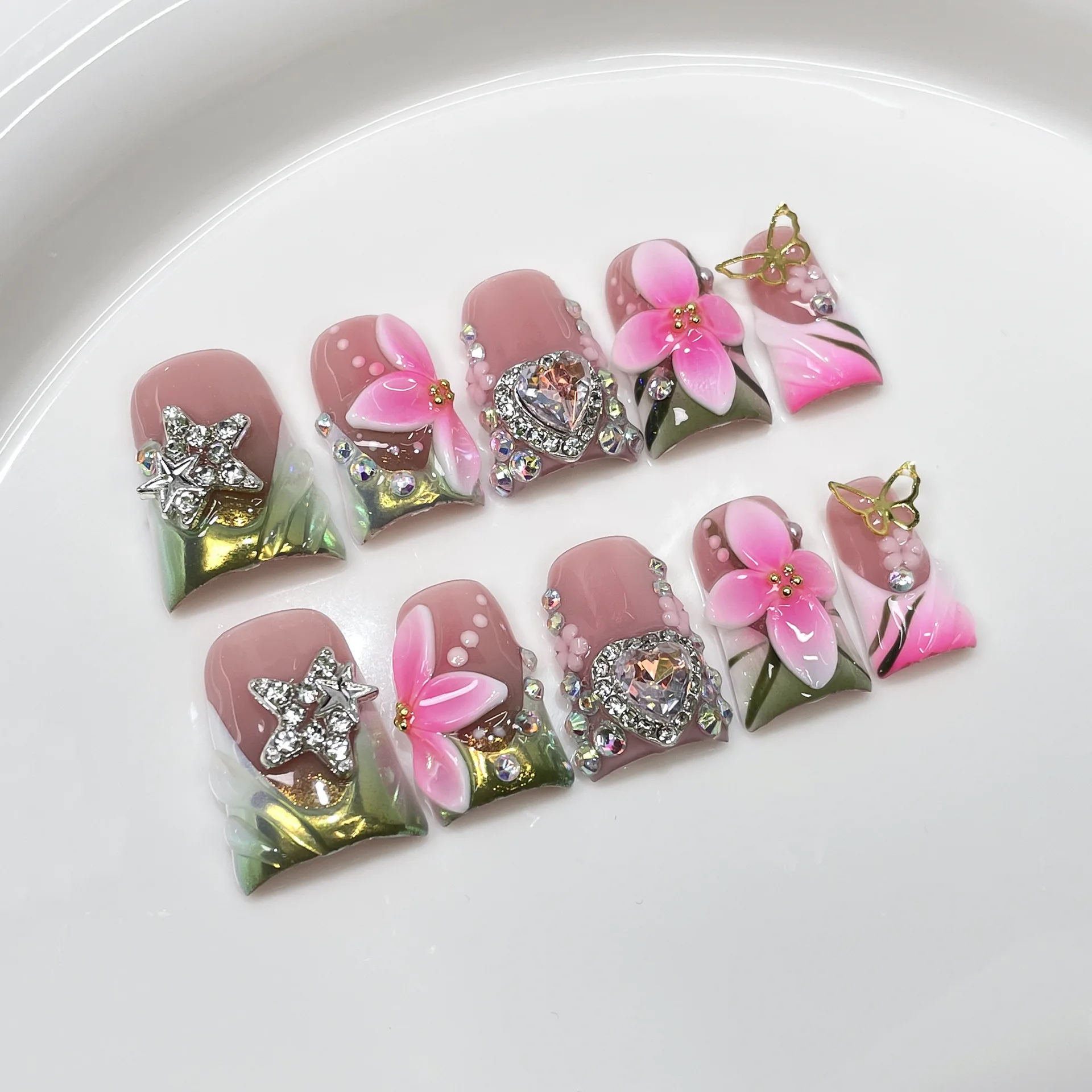 

10pcs French Duckbilled Handmade Fake Nails 3D Rhinestone Star Design Press on Nails Wearable Hand-Carved Flowers Fake Nail Tips
