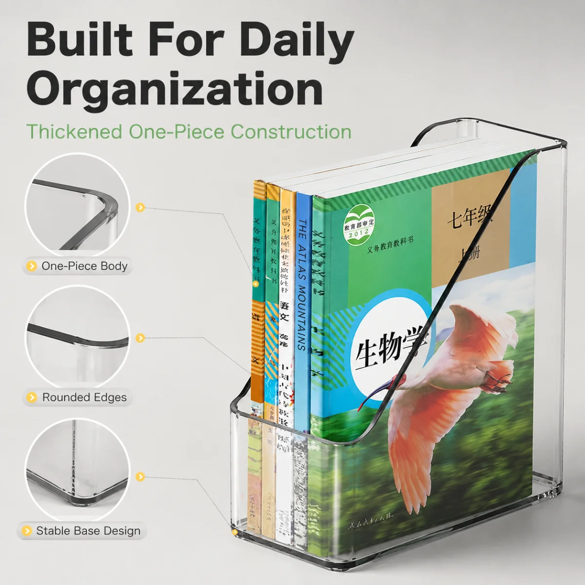 Clear A4 Desktop File Organizer and Book Holder, Open Front Plastic Magazine Storage Rack for Students, School, Home Office