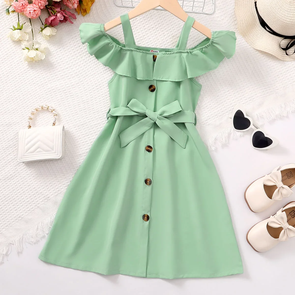 PatPat Kid Girl Solid Color Flounce Off Shoulder Belted Dress  Casual/Outdoor Solid color Perfect for Outings and Daily Wear