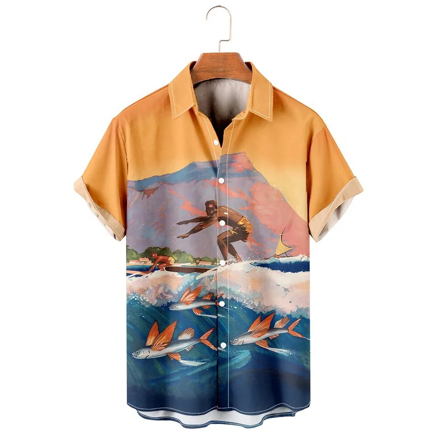 Surfing fish print men's shirt summer anime vintage lapel Hawaiian beach shirt men's casual single-breasted short-sleeved top