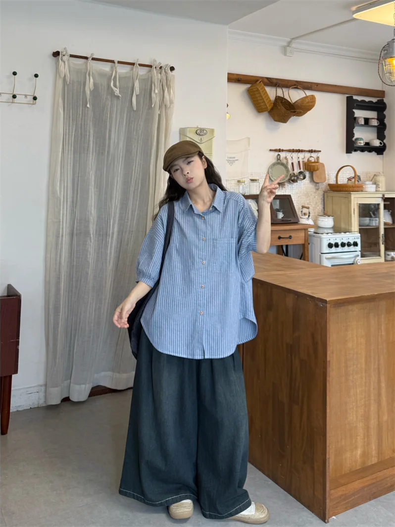

Retro Color Block Stripe Short Sleeve Casual Loose Women's Shirt Summer 2026 New Style Lazy Fashion Top Quality Korean Version
