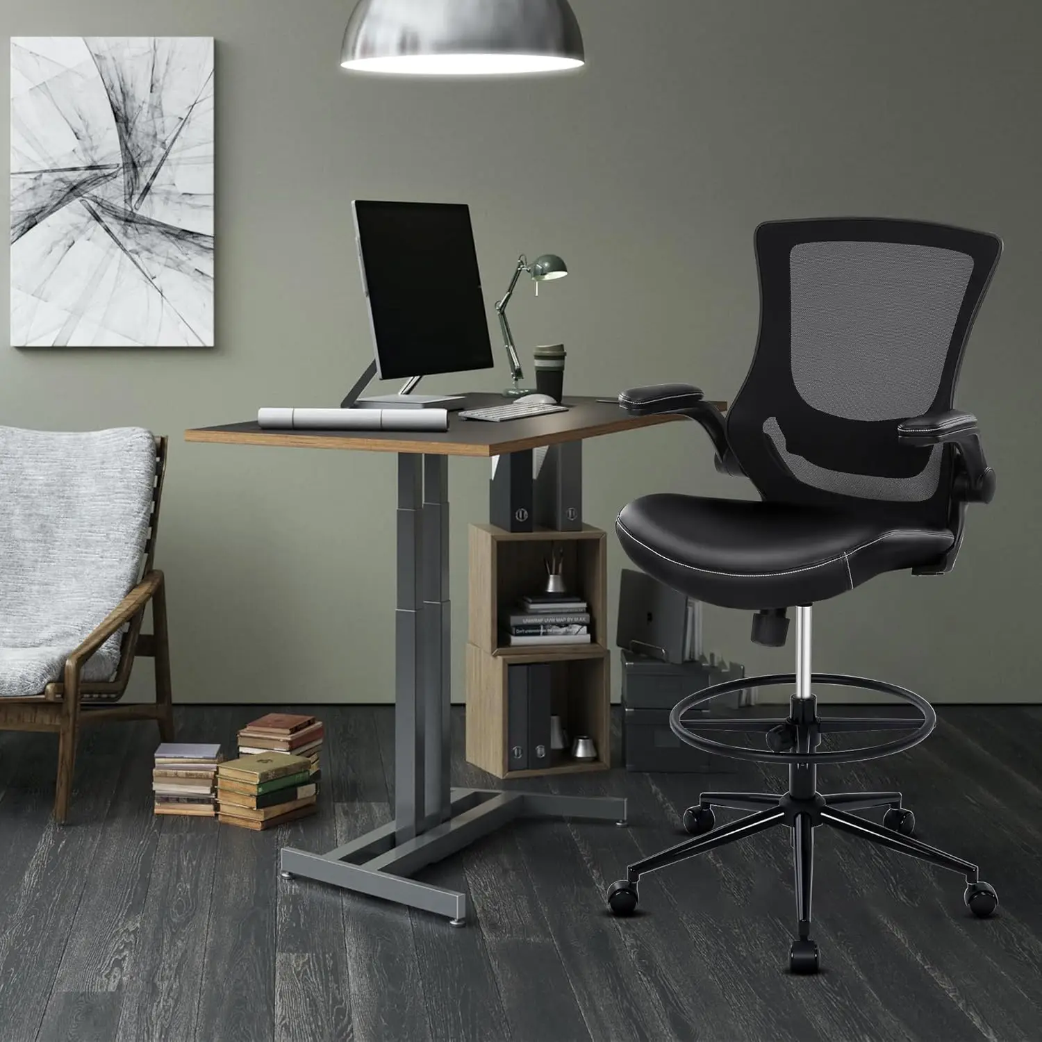 Tall Office Chair for Standing Desk, PU Leather Recline with Foot Ring & Adjustable Lumbar Support